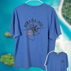 Pirana Joe Grand Turk Blue Cotton XL Tee with Compass Fish Print Travel Island
